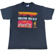 Vintage 90s Coca Cola Olympic Torch Relay Black Graphic T-shirt