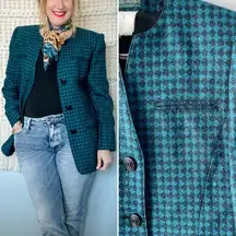 Vintage 90s diamond check retro collarless blazer jacket teal size M medium 8/10