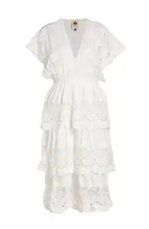 Farm Rio NWT  Richelier Midi in Off-white Lace Tiered Ruffle Dress XS $280