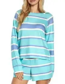 Crew Neck Top and Bottoms Sleep Set Blue Stripe Size Small