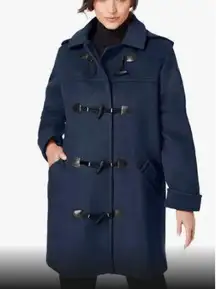 Woman Within Wool Hooded Toggle Long Coat Size 16W Navy Blue