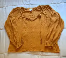 Wonderly Mustard Yellow Textured V-Neck Top Size XL With Tassels