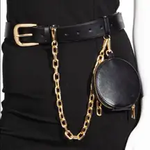 NWT Chain Belt Bag Womens OS Black Gold Circle Pouch 100% Leather Y2K Streetwear