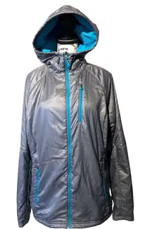 REI Women's Lightweight Puffer Jacket with Hood Gray Blue XL Hiking Outdoor EUC‎