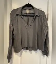 NWOT Free People Size S Gray Rush Hour Peasant Top Raw Hem Linen Long Sleeve