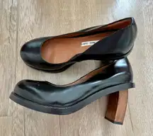 Leather Wooden Heel Pumps Shoes Black Leather Size 37