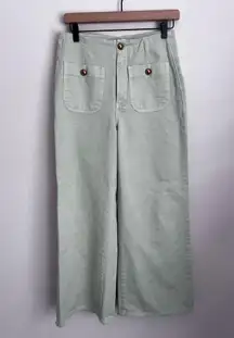 Zara Wide Leg Cropped Jeans Gold Button Front Pockets in Mint Green 4