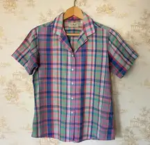 Vintage L.L. Bean pink madras plaid short sleeve loop collar button up shirt