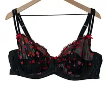 Cacique Black Sheer Heart Embroidery Unlined Balconette Bra Flirty Sexy Mesh 44D