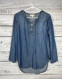 Cloth & Stone Anthropologie Chambray Tencel Lyocell Popover Tie Tunic Top Small