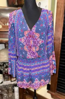 EUC AMERICAN EGLE BOHEMIAN ROMPER PURPLE MULTICOLOR LONG SLEEVE VNECK