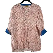 ROBERTA ROLLER RABBIT Small 100% Cotton Orange White & Blue Printed VNeck Blouse