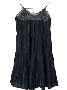 See U Soon Women's Striped Lace Trim Sleeveless Tiered Mini Dress Black Sz Small