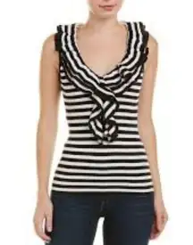 Trina Turk Women’s S Quill Sleeveless Ruffle Sweater Black White Stripe Preppy