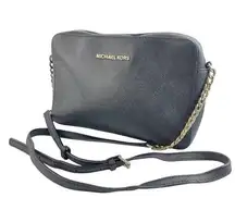 Michael Kors Jet Set Black Zip Leather Logo Chain Zip Crossbody Handbag OS