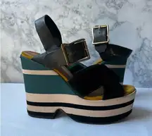 ASOS  Green Velvet and Yellow Platform Wedge Sandal Heels US 7