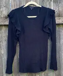Lucky Brand Black Ribbed Ruffle Sleeve Sweater | M
