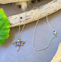 Dragonfly Purple & Yellow CZ Stainless Steel Necklace