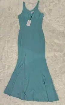 NWT Dress the Population Iris maxi slit crepe gown tranquil blue sz M