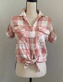 Altard State‎ Plaid Short Sleeve Shirt Small Button Up Pink Flannel Country Girl