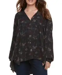 Rock & Republic  rose floral button down top, dark gray, high low, medium