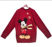 Disney Mickey Mouse Red Flannel Plaid Long Sleeve Button Front Pajama Shirt Top