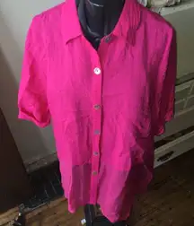 Soft Surroundings bright pink semi sheer hem tunic, mother of Pearl buttons