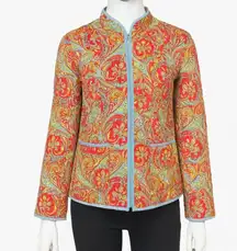 J. McLaughlin Jacket Women Small Green Orange Floral Quilted Boho Granny Grandma
