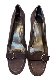 Stuart Weitzman Women Brown Suede Buckle Heeled Pumps Loafers Size 9M Kitten