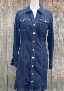 INC International Concepts Blue and Gold Sheath Dress with Notched Collar Sz 6