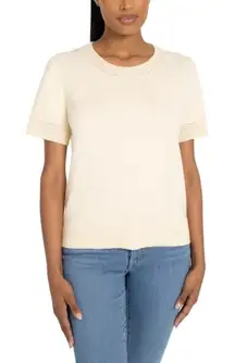 BearPaw Sz L Crochet Short Sleeve‎ Crewneck Top Blouse Cream Stretch Pullover