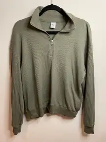 TNA Quarter Zip Waffle Thermal Pullover Sweatshirt Green