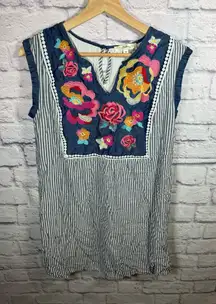 Andree By Unit Women’s Floral Embroidered‎ Shirt Dress medium Blue White Striped