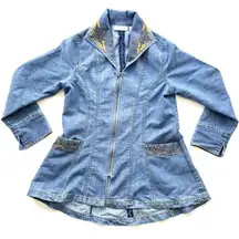 Vintage 90s Bleu Bayou Denim Jacket Medium Blue Embroidered Sequin Mid Length