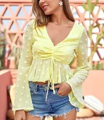 Double Crazy Yellow Sheer Bell Sleeve Drawstring Swiss Dot Peplum Top