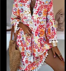 Retro dress/swim cover peace & love theme w/fringe hem, cuffs, & collar size L