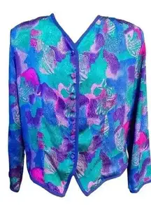 VTG Castleberry Womens Jacket Blazer Blue Purple Satin Button Down S/M