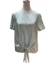 Gray Powder Blue Short Sleeve Zip Back Tie Front Blouse Size Medium