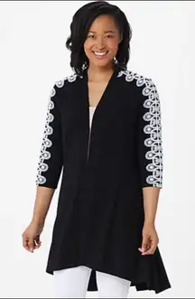 Dennis Basso Caviar Crepe Duster with Lace Trim Black with white trim with pants