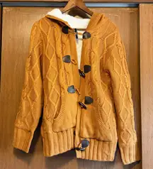 Women's Amazon Cable Knit Toggle Sweater Sherpa - Mustard/Brown - Size M