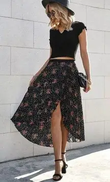 SHEIN Women's Black Floral Pleated Asymmetrical Hem Midi Wrap Skirt Size S