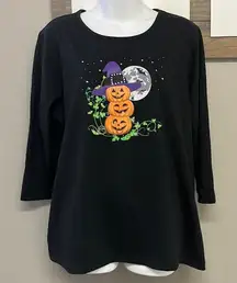 Holiday Editions Halloween Black 3/4 Sleeve T-Shirt with Pumpkins Witch Hat- 1X