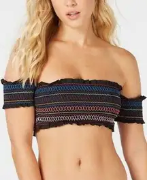 Bar III Smocked Rainbow Black Crop Top Swim Bikini Top NEW XS