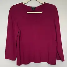 City Silk Stretch Dark Pink 3/4 Sleeve V-Neck Sweater, Size L