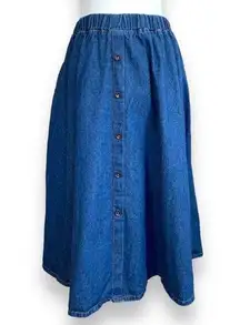 Vintage Denim Skirt Medium Wash Elastic Waist Boho Cowgirl Button Detail Midi