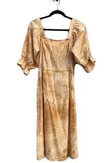 Ava James Puff Sleeve Cotton Tie Dye Gold Midi Dress Medium