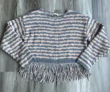 Storia Stripe‎ Pink & Grey Chunky Knit Frayed Hem Pullover Cropped Sweater Small