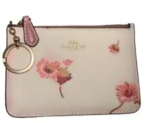 Coach NWT  Zip ID Card Case Wallet & Key Chain Pink Floral Chalk & Mauve