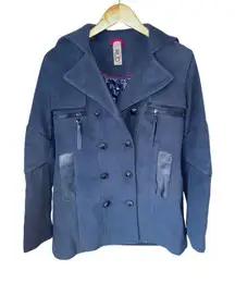 RUD By Rudsak Double Breasted Blue Pea Coat With Leather Trim Pockets