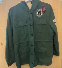 Iris Military Style Cotton Coat M Pkts  Snaps Drawstring Patches Hooded Fur Line